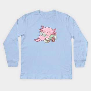 Cute Axolotl Chilling with Laptop And Snacks Kids Long Sleeve T-Shirt